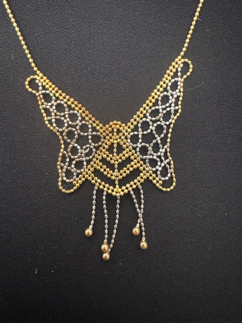 10K Gold/ Silver Beaded Butterfly Necklace 3.6 Grams Vintage